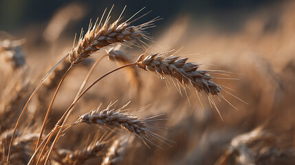 Golden wheat sways gently in the evening sunlight on a warm summer day