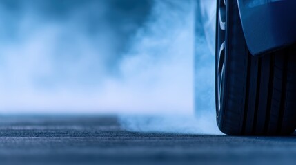 Close-up of a car tire spinning on a wet road, creating a cloud of smoke in a dynamic automotive scene
