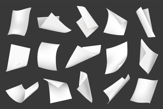 Flying paper sheets. Curve blank white papers float in air and fall. 3D realistic A4 letter office document, note pages blow wind, scatter sheets. Vector isolated mockup.