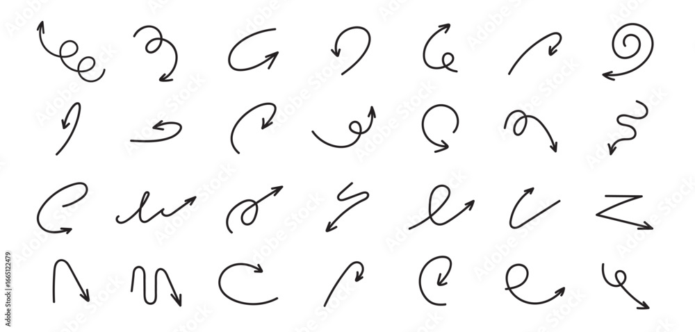 Poster doodle arrows with curves, loops, spirals in hand drawn, pen sketch style. simple pointers for notes