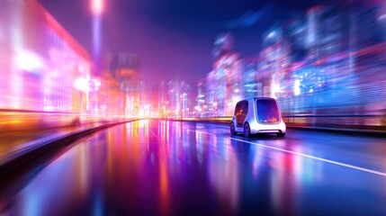 Futuristic autonomous vehicle cruising through a vibrant cityscape at night with neon lights reflecting