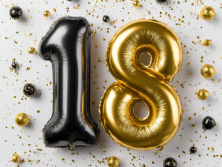 Celebrating 18th Birthday with Elegant Balloon Decor and Sparkling Confetti