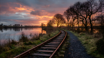 Fototapeta premium Rusty railroad tracks curving along river at scenic sunset