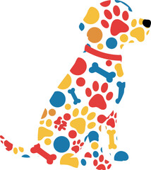 Colorful dog silhouette made of paw prints bones