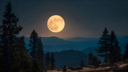 Giant orange full moon rising above mountain range at night illuminating silhouettes of pine trees