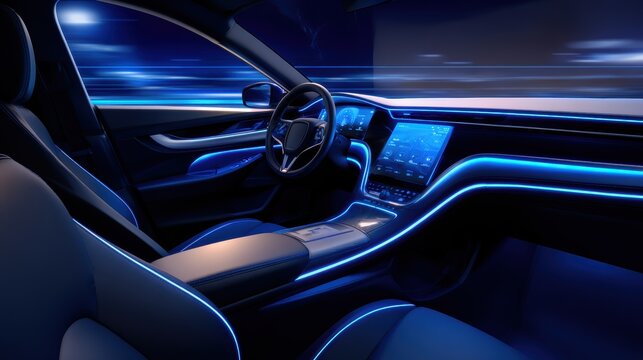Futuristic car interior showcasing sleek design with ambient lighting and advanced technology features