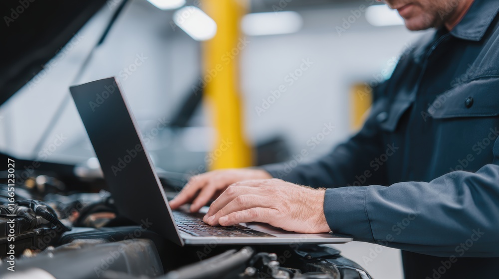 Poster mechanic working on a car engine while using a laptop in a modern garage with tools nearby