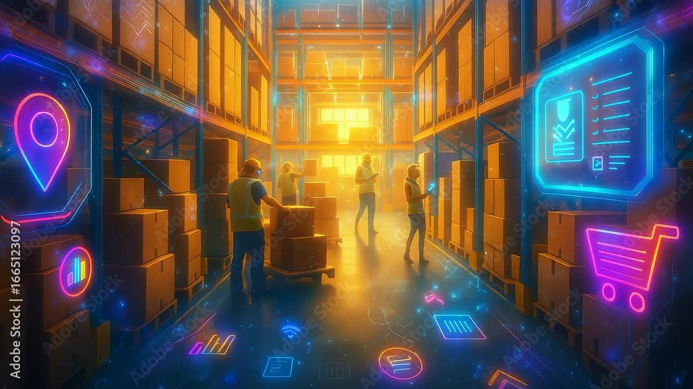 Poster warehouse workers managing inventory with digital interface and smart technology for supply chain op
