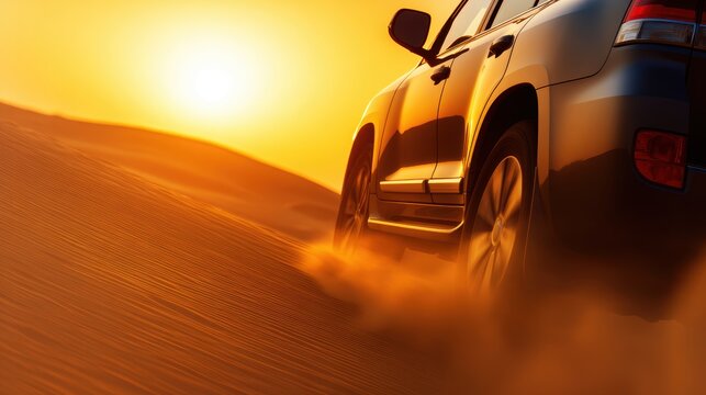 A black SUV driving through golden sand dunes at sunset, leaving a trail of dust behind