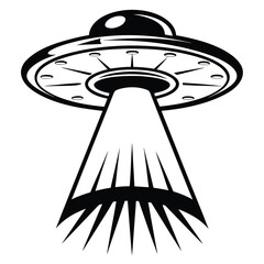 UFO with Beam of Light Silhouette Isolated on White Background Retro SciFi Spaceship