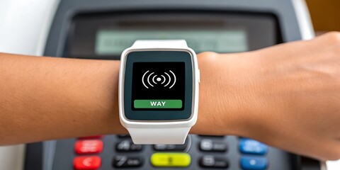 Contactless Payment with Smartwatch on POS Terminal, Demonstrating Modern Technology and Secure Transactions for Retail and Finance