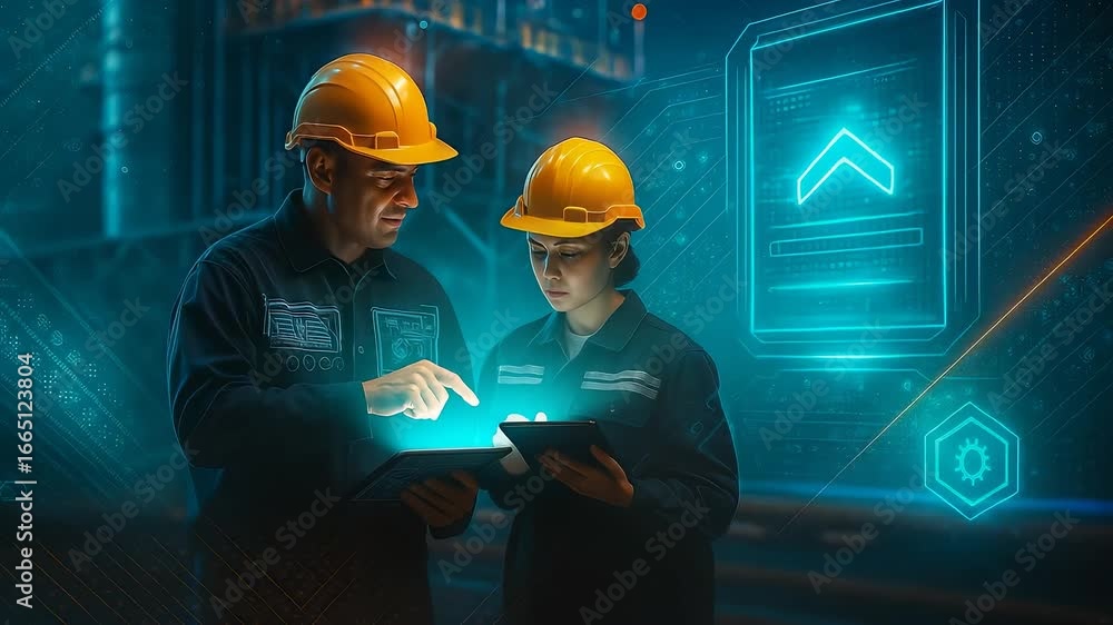 Poster construction workers using tablets with digital interface for industrial monitoring and data managem