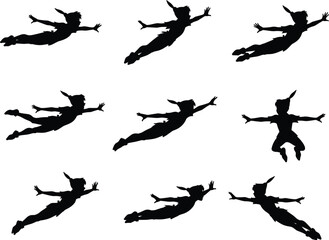 Flying Boy Silhouette Set Vector Illustration, Little Hero or Character Flying Poses Collection, Fantasy Adventure Design Elements, Black and White

.