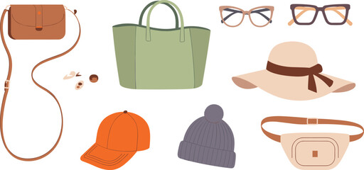 Fashion accessories vector set, handbags, sunglasses, hats, caps, beanie, earrings, and belt bag illustration for style, travel, shopping, summer, and lifestyle themes