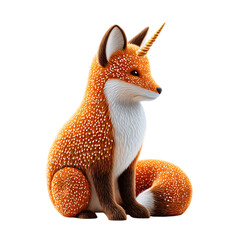Fototapeta premium Fantasy Fox Unicorn Hybrid with Sparkling Spiral Horn, Magical Velvet Fur, Calm Mystical Creature Sitting Upright on Transparent Background