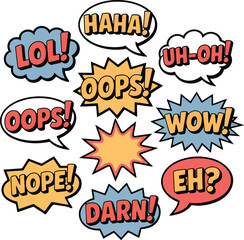 Cartoon Speech Bubbles with Exclamations like Haha, Oops, Wow, and Darn Comic Style