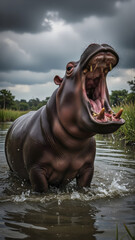 Fototapeta premium Nilpferd mit geöffnetem Maul im Wasser - Cooles Wallpaper - Magisches Hintergrundbild