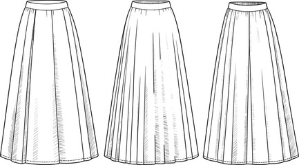 Fashion flat sketch, long flared skirts, women clothing design, sewing pattern, vector apparel template, technical drawing, garment illustration, clothing outline, skirt fashion design