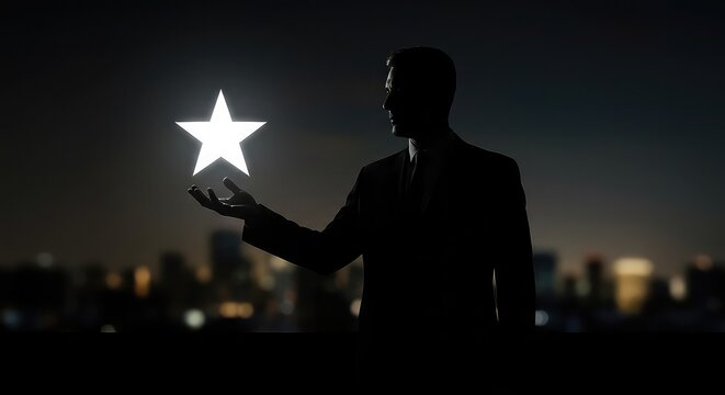 Silhouette of a businessman holding a glowing star at night over a city skyline.