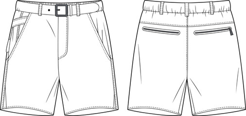Men’s shorts fashion flat sketch, front and back technical drawing, casual wear apparel design, clothing template illustration, detailed vector outline with pockets and belt.