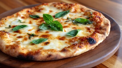 Freshly baked Margherita pizza topped with basil leaves on a wooden serving board, inviting and delicious