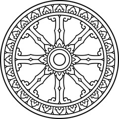 Thai Dhamma Wheel (dhammacakka), Southeast Asian style Theravada Buddhism symbol. Black and white line art design. Isolated vector clip art illustration.