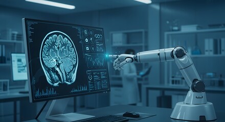 Advanced robotic arm analyzes brain scan data on futuristic medical display in modern lab setting