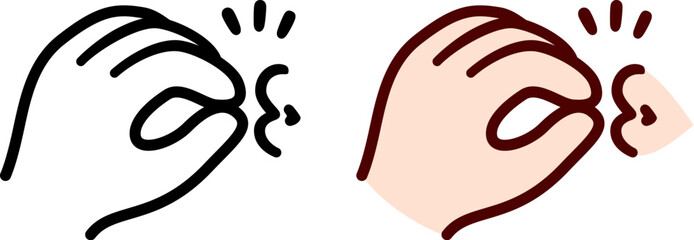 Cute cartoon hand making chef's kiss gesture, lips kissing fingers. Black and white line icon and color drawing. Simple vector clip art illustration.