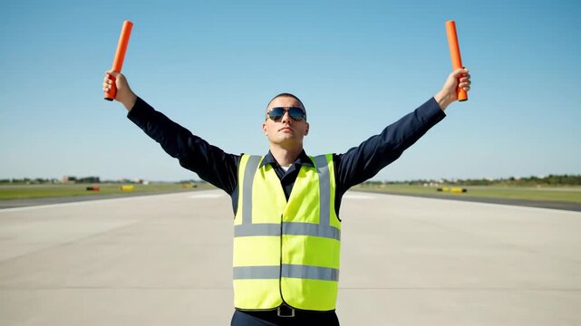 Man on runway in safety vest arms raised holding orange batons