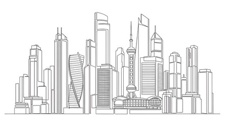 Continuous line city building. One single outline cityscape continuous construction. Editable stroke building background. Vector illustration.