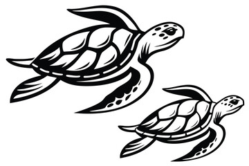 Two Sea Turtles Swimming Art in Black and White on White Background