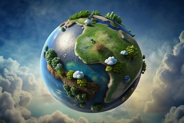 Earth as a vibrant living egg nestled in fluffy clouds