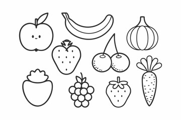 Fruit and Vegetable Line Art Vector Icons Set Black Outline Illustration