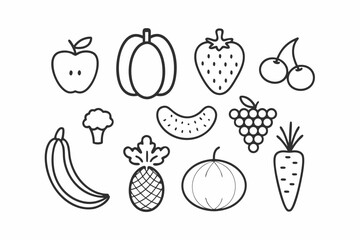 Fruit and Vegetable Line Art Vector Icons Set Black Outline Illustration