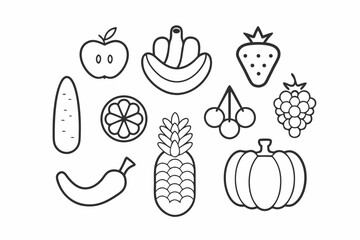 Fruit and Vegetable Line Art Vector Icons Set Black Outline Illustration