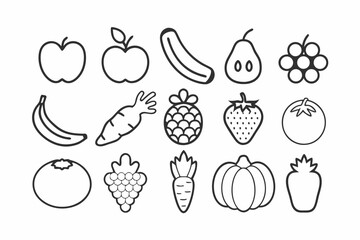 Fruit and Vegetable Line Art Vector Icons Set Black Outline Illustration