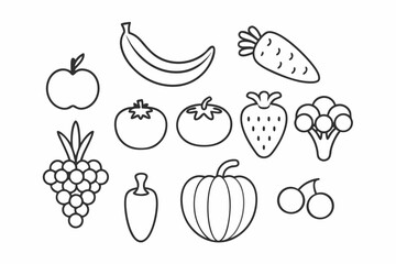 Fruit and Vegetable Line Art Vector Icons Set Black Outline Illustration