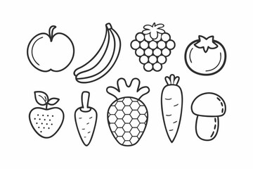 Fruit and Vegetable Line Art Vector Icons Set Black Outline Illustration