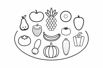 Fruit and Vegetable Line Art Vector Icons Set Black Outline Illustration