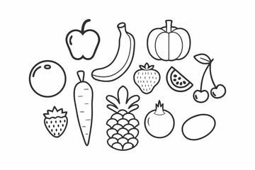 Fruit and Vegetable Line Art Vector Icons Set Black Outline Illustration
