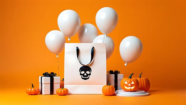 Halloween Themed Celebration with Pumpkins Balloons Gift Boxes and Shopping Bag