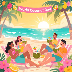 World Coconut Day – Friends Celebrating on a Tropical Beach