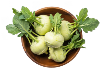 Fresh kohlrabi vegetables in a wooden bowl isolated on transparent background