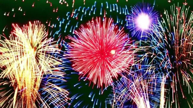 a vivid display of colourfull fireworks lights up a green screen, creating a perfect celebratory effect for creative video projects