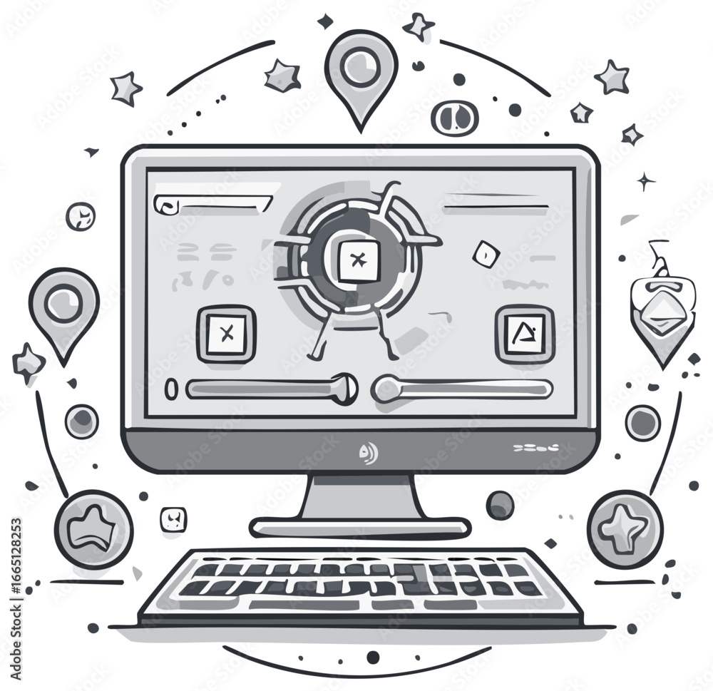 Fototapete doodle style computer with digital interface and location markers surrounding it