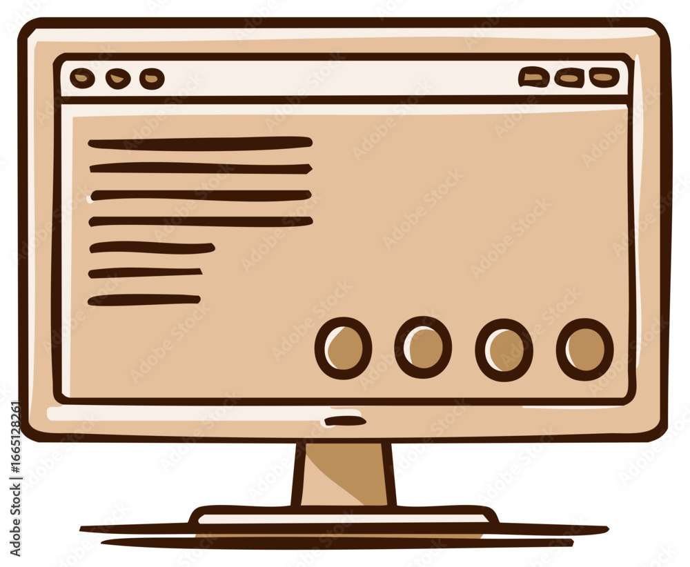 Poster cartoon illustration of computer screen interface displaying text and icons