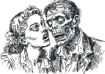 Woman looking shocked at a decaying, monstrous figure in a dramatic sketch