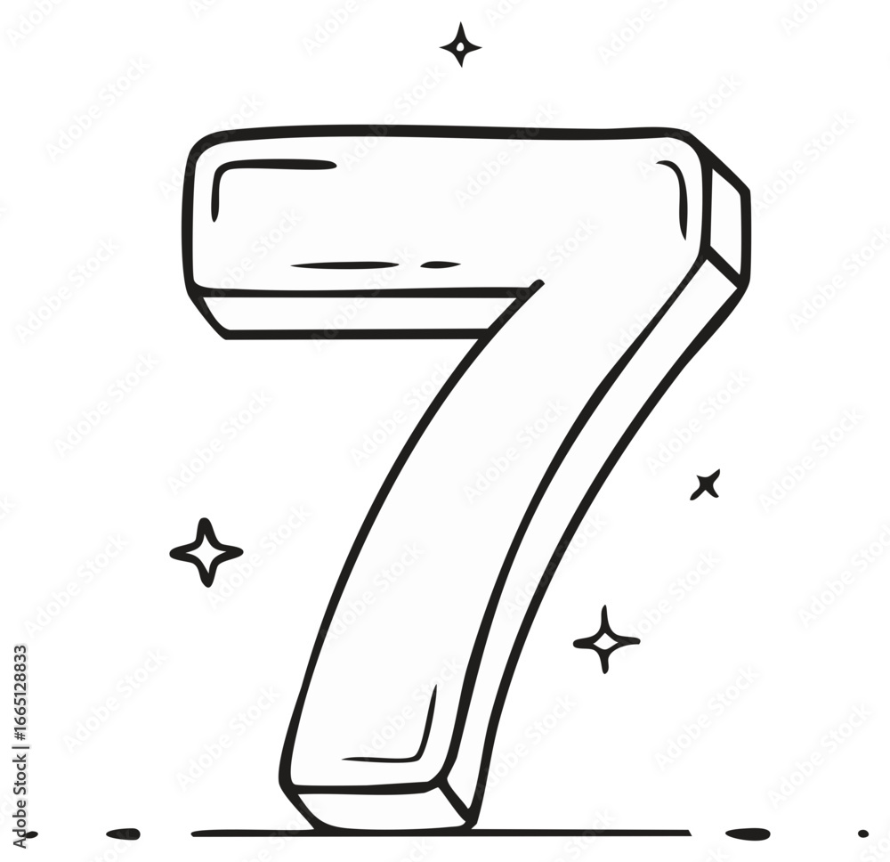 Poster bold hand drawn number seven with sparkle elements and 3d effect