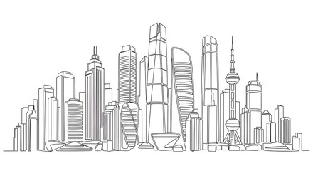 Obraz premium Continuous line city building. One single outline cityscape continuous construction. Editable stroke building background. Vector illustration.