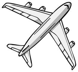 Modern jet airplane with multiple engines viewed from above in a graphic illustration style